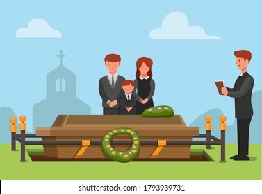 funeral ceremonial in christian religion. people sad family member passed away concept scene illustration in cartoon vector