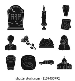 Funeral ceremony black icons in set collection for design. Funerals and Attributes vector symbol stock web illustration.