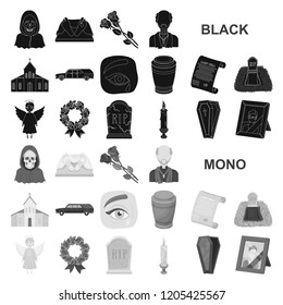 Funeral ceremony black icons in set collection for design. Funerals and Attributes vector symbol stock web illustration.
