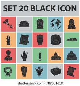 Funeral ceremony black icons in set collection for design. Funerals and Attributes vector symbol stock web illustration.