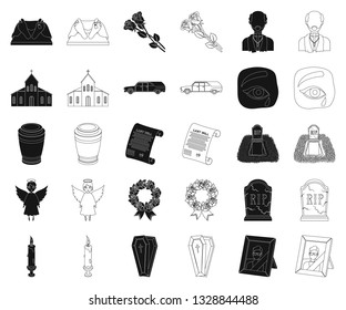 Funeral ceremony black,outline icons in set collection for design. Funerals and Attributes vector symbol stock web illustration.