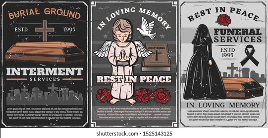 Funeral ceremony of burial, cremation and interment service vector poster. Vintage cemetery with coffin, tombstone crosses and death grave, angel, bible and flower wreath, widow, black ribbon and dove