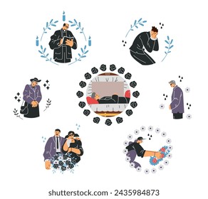 Funeral ceremony and burial service concept icons set. People grieve loss, mourning relatives and deceased in coffin. Flat vector illustration designs collection.