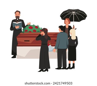 Funeral ceremony, burial service vector illustration. Sad mourning people in black clothes standing around closed coffin with wreath of flowers. Priest holding funeral speech. Woman with an umbrella