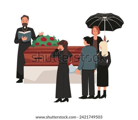 Funeral ceremony, burial service vector illustration. Sad mourning people in black clothes standing around closed coffin with wreath of flowers. Priest holding funeral speech. Woman with an umbrella