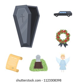 Funeral ceremony cartoon icons in set collection for design. Funerals and Attributes vector symbol stock web illustration.