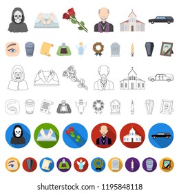 Funeral ceremony cartoon icons in set collection for design. Funerals and Attributes vector symbol stock web illustration.