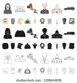 Funeral ceremony cartoon icons in set collection for design. Funerals and Attributes vector symbol stock web illustration.
