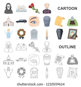 Funeral ceremony cartoon icons in set collection for design. Funerals and Attributes vector symbol stock web illustration.