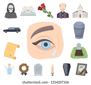 Funeral ceremony cartoon icons in set collection for design. Funerals and Attributes vector symbol stock web illustration.