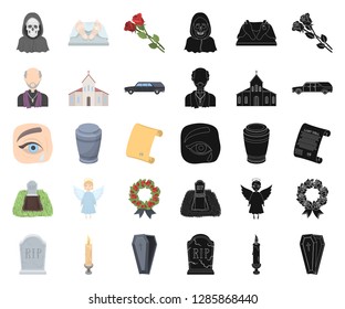 Funeral ceremony cartoon,black icons in set collection for design. Funerals and Attributes vector symbol stock web illustration.