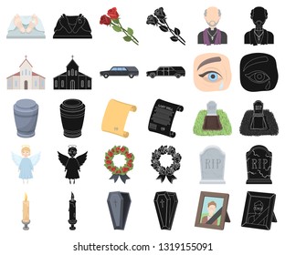 Funeral ceremony cartoon,black icons in set collection for design. Funerals and Attributes vector symbol stock web illustration.