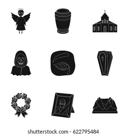 Funeral ceremony, cemetery, coffins, priest.Funeral ceremony icon in set collection on black style vector symbol stock illustration.