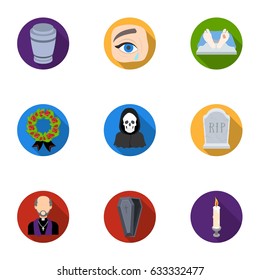 Funeral ceremony, cemetery, coffins, priest.Funeral ceremony icon in set collection on flat style vector symbol stock illustration.