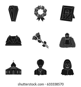 Funeral ceremony, cemetery, coffins, priest.Funeral ceremony icon in set collection on black style vector symbol stock illustration.