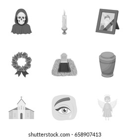 Funeral ceremony, cemetery, coffins, priest.Funeral ceremony icon in set collection on monochrome style vector symbol stock illustration.