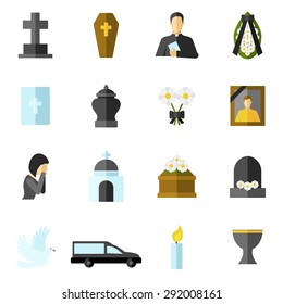 Funeral ceremony and death flat icons set isolated vector illustration