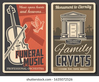 Funeral ceremony and farewell music service, burial crypts and monuments production company. Vector retro poster with cemetery graveyard, requiem mass orchestra music and funeral RIP ribbon