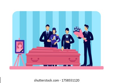 Funeral Ceremony Flat Color Vector Illustration. Man With Flowers. People In Grief. Family 2D Cartoon Characters Standing Near Coffin With Dead Woman Portrait On Background