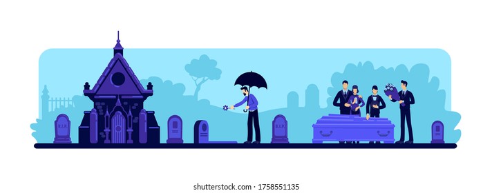 Funeral ceremony flat color vector illustration. Man with flower at cemetery. People at graveyard. Family 2D cartoon characters standing near coffin with tombstones and crypt on background