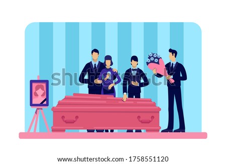 Funeral ceremony flat color vector illustration. Man with flowers. People in grief. Family 2D cartoon characters standing near coffin with dead woman portrait on background