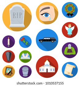 Funeral ceremony flat icons in set collection for design. Funerals and Attributes vector symbol stock web illustration.