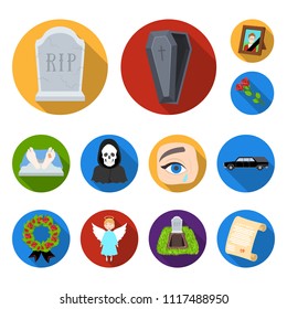 Funeral ceremony flat icons in set collection for design. Funerals and Attributes vector symbol stock web illustration.