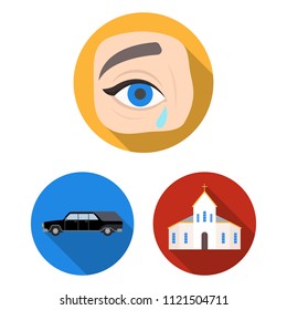 Funeral ceremony flat icons in set collection for design. Funerals and Attributes vector symbol stock web illustration.