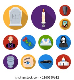 Funeral ceremony flat icons in set collection for design. Funerals and Attributes vector symbol stock web illustration.