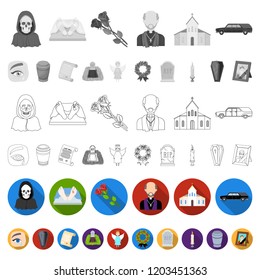 Funeral ceremony flat icons in set collection for design. Funerals and Attributes vector symbol stock web illustration.