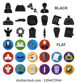 Funeral ceremony flat icons in set collection for design. Funerals and Attributes vector symbol stock web illustration.