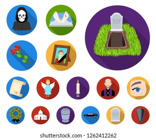 Funeral ceremony flat icons in set collection for design. Funerals and Attributes vector symbol stock web illustration.