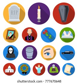 Funeral ceremony flat icons in set collection for design. Funerals and Attributes vector symbol stock web illustration.