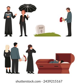 Funeral ceremony. Flat vector set of characters at a funeral. A complex of burial ceremonies, farewells and laying flowers at the grave. Isolated flat illustration.