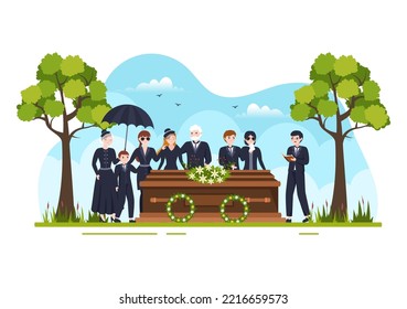 Funeral Ceremony in Grave of Sad People in Black Clothes Standing and Wreath Around Coffin in Flat Cartoon Hand Drawn Template Illustration