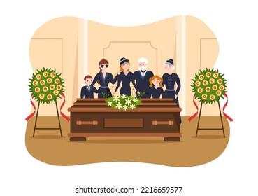 Funeral Ceremony in Grave of Sad People in Black Clothes Standing and Wreath Around Coffin in Flat Cartoon Hand Drawn Template Illustration