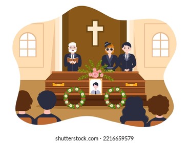 Funeral Ceremony in Grave of Sad People in Black Clothes Standing and Wreath Around Coffin in Flat Cartoon Hand Drawn Template Illustration