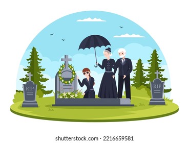 Funeral Ceremony in Grave of Sad People in Black Clothes Standing and Wreath Around Coffin in Flat Cartoon Hand Drawn Template Illustration