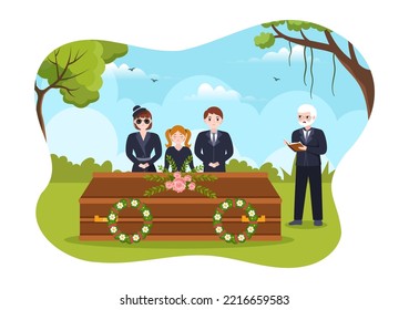 Funeral Ceremony in Grave of Sad People in Black Clothes Standing and Wreath Around Coffin in Flat Cartoon Hand Drawn Template Illustration