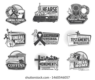 Funeral ceremony and hearse services isolated monochrome logos. Vector burial flowers and wreaths, crematory and orchestra music, testaments and coffins. Installation of monuments, church and angel