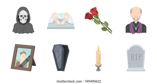 Funeral ceremony icons in set collection for design. Funerals and Attributes vector symbol stock web illustration.