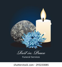 Funeral Ceremony invitation card vector template. Obituary illustration concept with traditional Jewish symbols: stone and candle. Funeral Home web site or business card elements. Sample text.