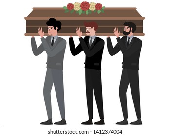 The funeral ceremony, men carry the coffin. In minimalist style Cartoon flat Vector Illustration, isolated on white background