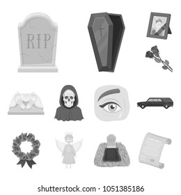 Funeral ceremony monochrome icons in set collection for design. Funerals and Attributes vector symbol stock web illustration.