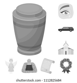 Funeral ceremony monochrome icons in set collection for design. Funerals and Attributes vector symbol stock web illustration.