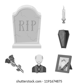 Funeral ceremony monochrome icons in set collection for design. Funerals and Attributes vector symbol stock web illustration. Funeral ceremony monochrome icons in set collection for design. Funerals and Attributes vector symbol stock web illustration.