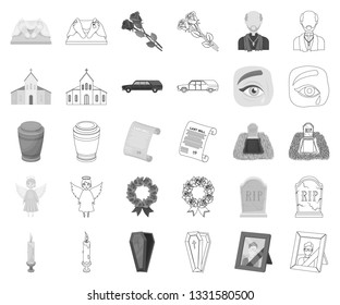 Funeral ceremony monochrome,outline icons in set collection for design. Funerals and Attributes vector symbol stock web illustration.