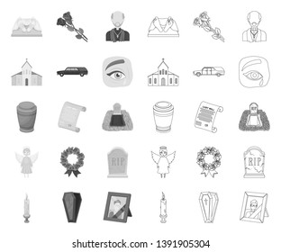 Funeral ceremony mono,outline icons in set collection for design. Funerals and Attributes vector symbol stock web illustration.