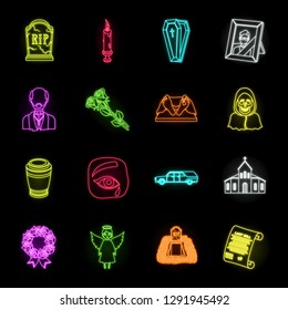 Funeral ceremony neon icons in set collection for design. Funerals and Attributes vector symbol stock web illustration.