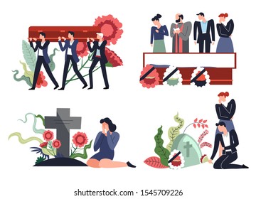 Funeral ceremony on cemetery, coffin and sad people in black clothes, flowers and wreaths, isolated icons vector Interment ceremony, woman crying near grave. Burring dead corps, farewell ceremony svg